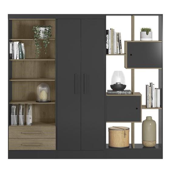 Conjunto de Livreiros 3 Módulos com 4 Portas e 2 Gavetas Preto/Carvalho - Qmovi Menor preço em Conjunto de Livreiros 3 Módulos com 4 Portas e 2 Gavetas Preto/Carvalho - Qmovi