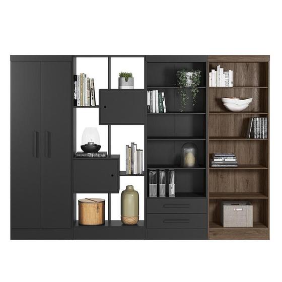 Conjunto de Livreiros 4 Módulos com 4 Portas e 2 Gavetas Preto/Ébano Rústico - Qmovi Menor preço em Conjunto de Livreiros 4 Módulos com 4 Portas e 2 Gavetas Preto/Ébano Rústico - Qmovi