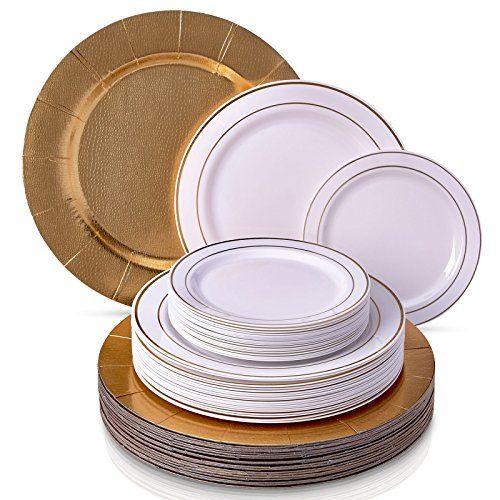 Imagem de Conjunto de louça descartável moderno e elegante Silver Spoons  Pratos de plástico resistentes  Carregadores  Pratos de salada de jantar  para casamentos e jantares de luxo  Coleção Golden Glare, 20 porções, branco/dourado