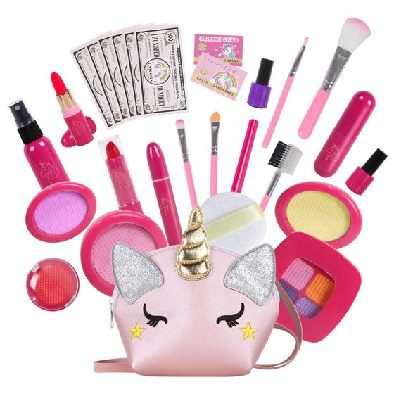 Imagem de Conjunto de maquiagem RONGGE Unicorns Pretend Play com bolsa para meninas de 3 a 8 anos