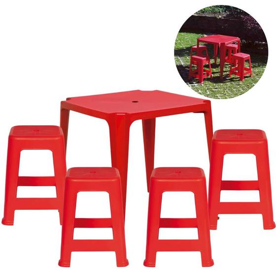 Imagem de Conjunto de Mesa + 4 Banquetas Plasticas Vermelhas Praia e Bar  Mor 