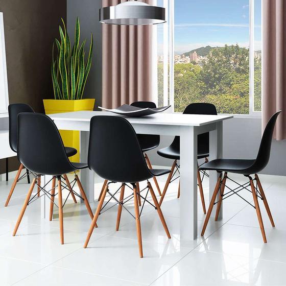 Imagem de Conjunto de Mesa Cogma com 6 Cadeiras Eames Base Madeira Branco e Preto