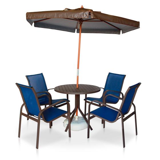 Imagem de Conjunto de Mesa Com 4 Cadeiras Linha Leve Com Ombrelone Grátis - Marrom/Azul Marinho