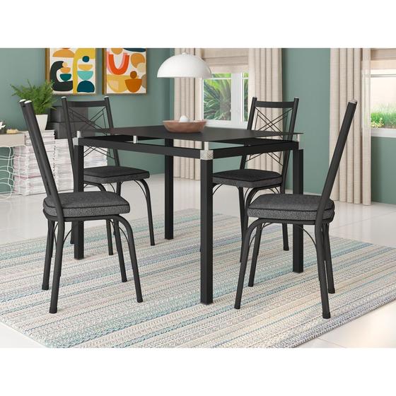 Imagem de Conjunto De Mesa Com 4 Cadeiras Malva Tampo De Vidro 107cm SF Preto Fosco Assento Andorinha Artefamol