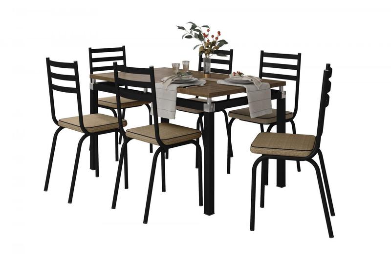 Imagem de Conjunto De Mesa Com 6 Cadeiras Malva Tampo BP 136cm Preto Nature Assento Rattan Artefamol