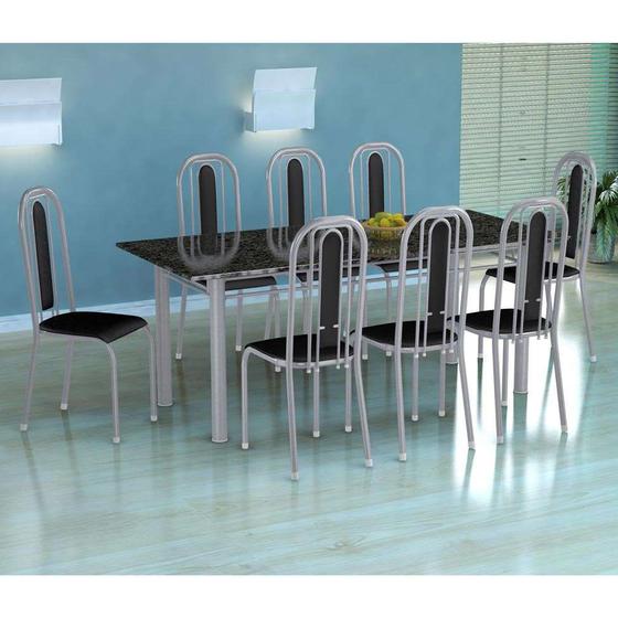 Imagem de Conjunto de Mesa Cordoba com 8 Cadeiras Granada Branco Prata e Preto Liso