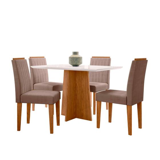 Imagem de Conjunto de Mesa de  Jantar Ana 1,20 Tampo De Madeira Com Vidro e 4 Cadeiras Ana Cor Ypê Off White VL02 New Ceval