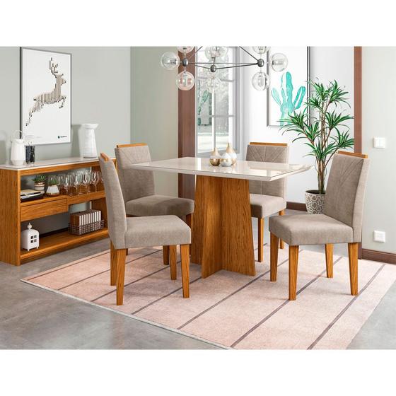 Imagem de Conjunto de Mesa de Jantar Ana Tampo Madeira Com Vidro Colado 1,20m e 4 cadeiras Amanda Cor Ypê Off White WD25 New Ceval