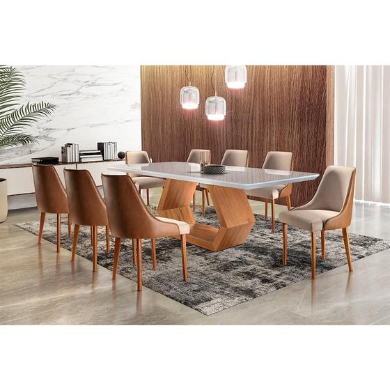 Imagem de Conjunto de Mesa de Jantar Ane com 8 Cadeiras Esmeralda IV Linho Off White e Caramelo