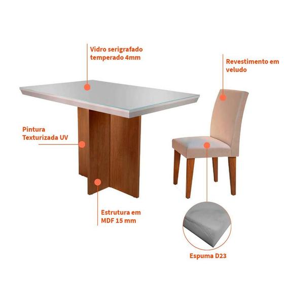 Imagem de Conjunto de Mesa de Jantar Berlim II com Tampo de Vidro Off White e 4 Cadeiras Grécia Veludo Creme