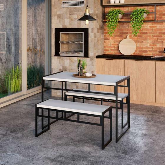 Imagem de Conjunto de Mesa de Jantar com 2 Bancos Wooden Branco e Preto