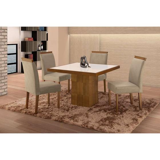 Imagem de Conjunto de Mesa de Jantar com 4 Cadeiras e Tampo de Madeira Maciça Arezo III Suede Castanho e Cinza