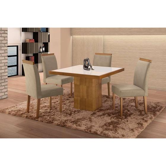 Imagem de Conjunto de Mesa de Jantar com 4 Cadeiras e Tampo de Madeira Maciça Arezo III Suede Cinza e Off White