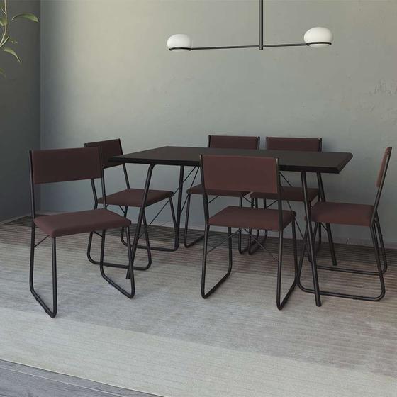 Imagem de Conjunto de Mesa de Jantar com 6 Cadeiras Angra Suede Marrom e Preto 150 cm