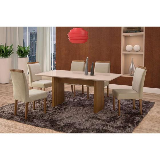 Imagem de Conjunto de Mesa de Jantar com 6 Cadeiras e Tampo de Madeira Maciça Milão Reta I Suede Creme e Off White