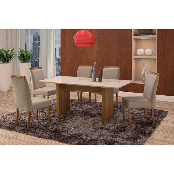 Imagem de Conjunto de Mesa de Jantar com 6 Cadeiras e Tampo de Madeira Maciça Milão Reta II Suede Cinza e Off White