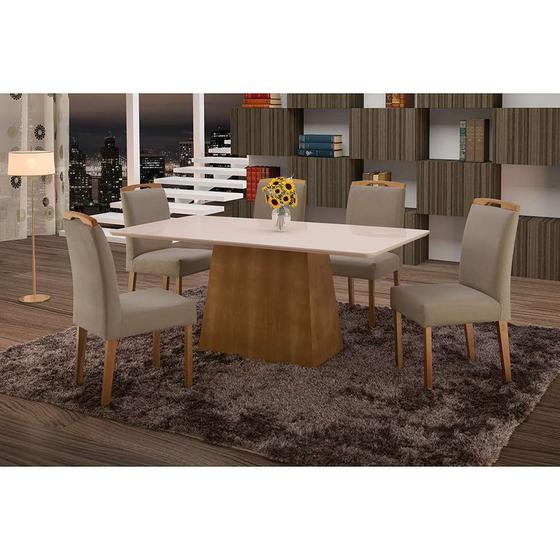 Imagem de Conjunto de Mesa de Jantar com 6 Cadeiras e Tampo de Madeira Maciça Turquia III Suede Marrom Médio e Off White