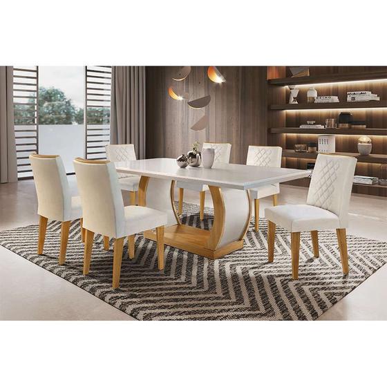 Imagem de Conjunto de Mesa de Jantar com 6 Cadeiras Estofadas Maia I Veludo Off White e Creme