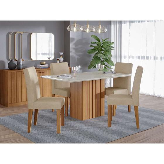 Imagem de Conjunto de Mesa de Jantar com Tampo de Vidro Off White Ana e 4 Cadeiras Maia Suede Gengibre e Nature