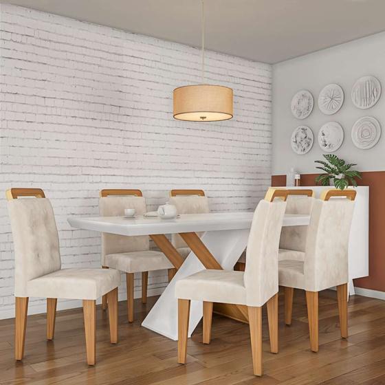 Imagem de Conjunto de Mesa de Jantar com Vidro e  6 Cadeiras Elizabeth Veludo Creme e Off White