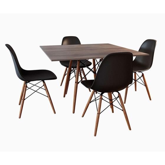 Imagem de Conjunto De Mesa De Jantar Eames Eiffel Quadrada 90cm Tampo De Madeira Amêndoa Com 4 Cadeiras Pretas