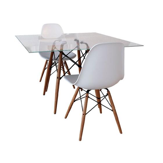 Imagem de Conjunto De Mesa De Jantar Eames Eiffel Quadrada 90cm Tampo De Vidro Com 2 Cadeiras Brancas