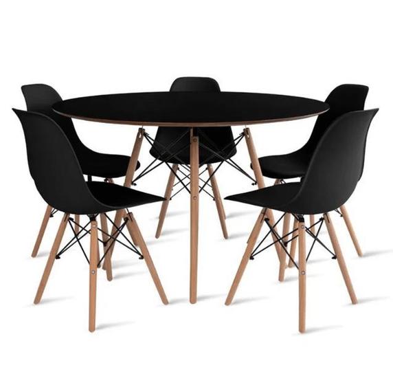 Imagem de Conjunto de Mesa de Jantar Eames Eiffel Redonda 100cm Tampo de Madeira Preto com 5 Cadeiras Pretas