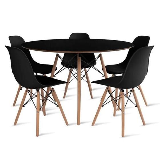 Imagem de Conjunto De Mesa De Jantar Eames Eiffel Redonda 100cm Tampo De Madeira Preto Com 5 Cadeiras Pretas