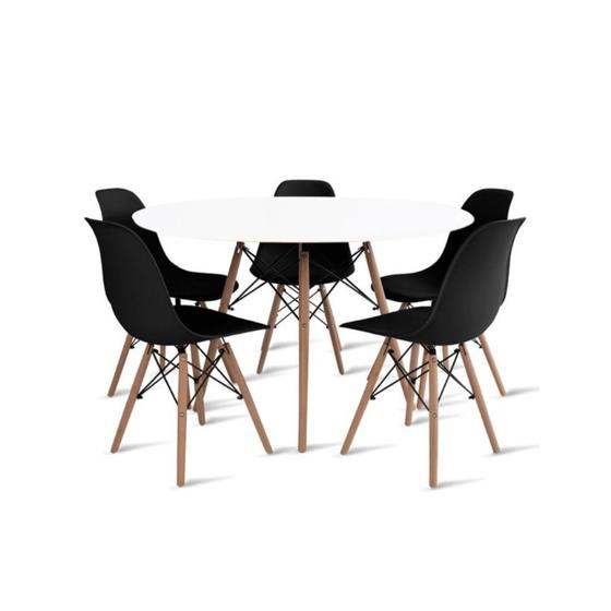 Imagem de Conjunto de Mesa de Jantar Eames Eiffel Redonda 120cm Tampo de Madeira Branco com 5 Cadeiras Pretas