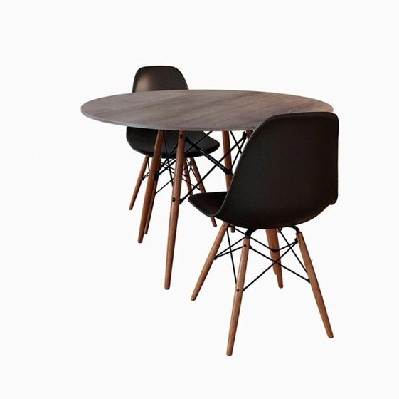 Imagem de Conjunto De Mesa De Jantar Eames Eiffel Redonda 90cm Tampo De Madeira Amêndoa Com 2 Cadeiras Pretas