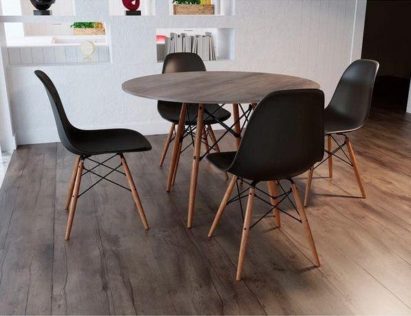 Imagem de Conjunto De Mesa De Jantar Eames Eiffel Redonda 90cm Tampo De Madeira Amêndoa Com 4 Cadeiras Pretas