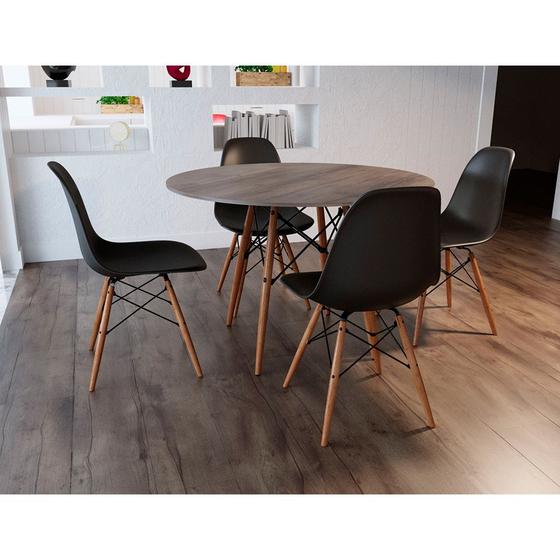 Conjunto de Mesa de Jantar Eames Eiffel Redonda 90cm Tampo de Madeira Amêndoa com 4 Cadeiras Pretas Menor preço em Conjunto de Mesa de Jantar Eames Eiffel Redonda 90cm Tampo de Madeira Amêndoa com 4 Cadeiras Pretas