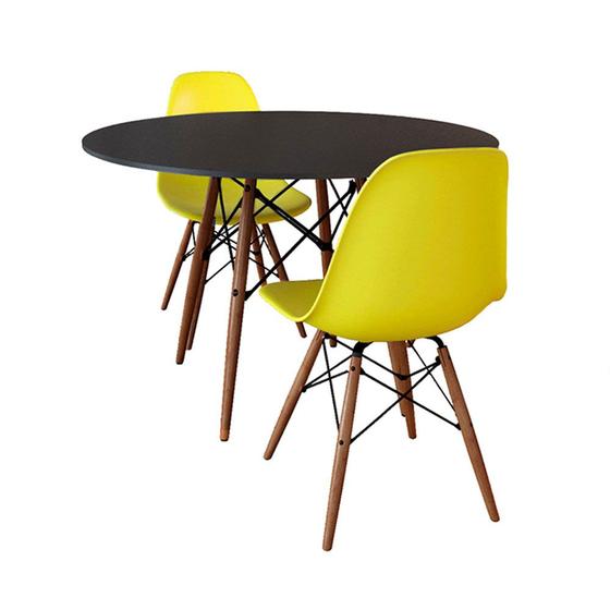 Imagem de Conjunto de Mesa de Jantar Eames Eiffel Redonda 90cm Tampo de Madeira Preto com 2 Cadeiras Amarelas