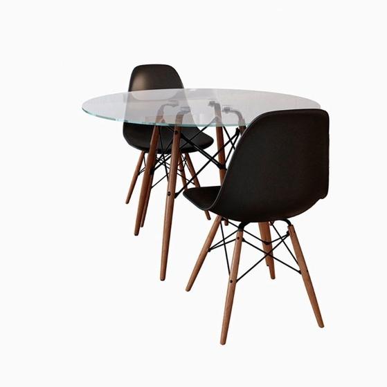 Imagem de Conjunto De Mesa De Jantar Eames Eiffel Redonda 90cm Tampo De Vidro Com 2 Cadeiras Pretas