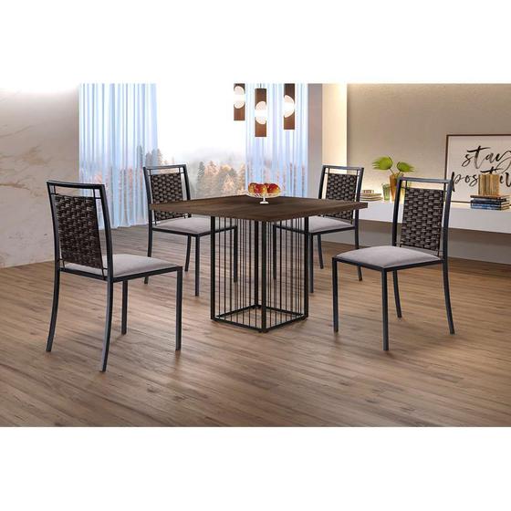 Imagem de Conjunto de Mesa de Jantar Hera com Tampo Mocaccino e 4 Cadeiras Grécia I Linho Bege e Preto
