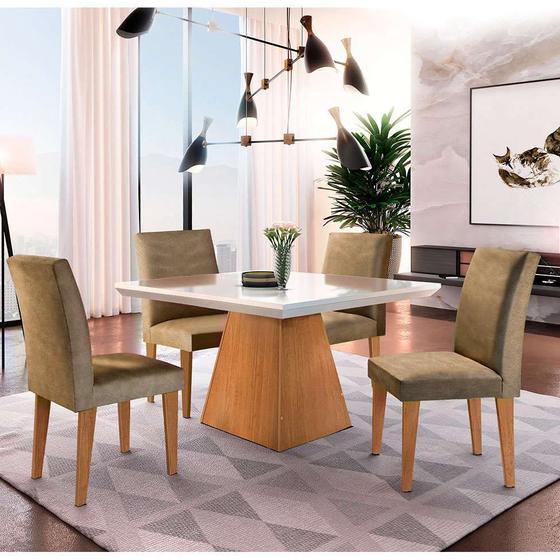 Imagem de Conjunto de Mesa de Jantar Luna com 4 Cadeiras Estofadas Grécia Suede Off White e Imbuia