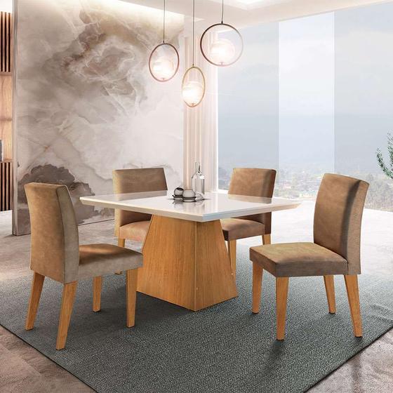 Imagem de Conjunto de Mesa de Jantar Luna com Tampo Off White e 4 Cadeiras Grécia Suede Chocolate e Imbuia