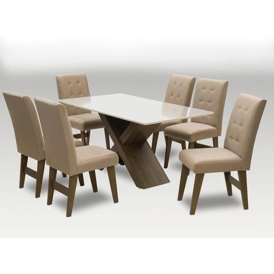 Imagem de Conjunto de Mesa de Jantar Off White Dubai 1,60m MDF com 6 Cadeiras Castanho / Areia
