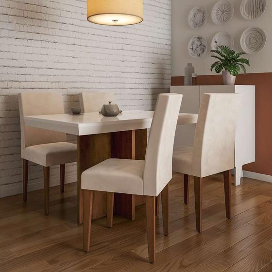 Imagem de Conjunto de Mesa de Jantar Orlando II com Tampo de Vidro Off White e 4 Cadeiras Grécia Veludo Creme