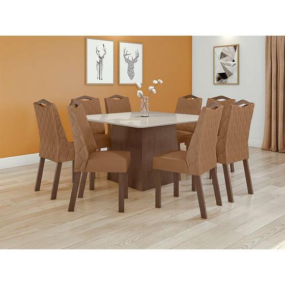 Imagem de Conjunto de Mesa de Jantar Quadrada com Tampo de Vidro Off White e 8 Cadeiras Nevada Caramelo e Imbuia