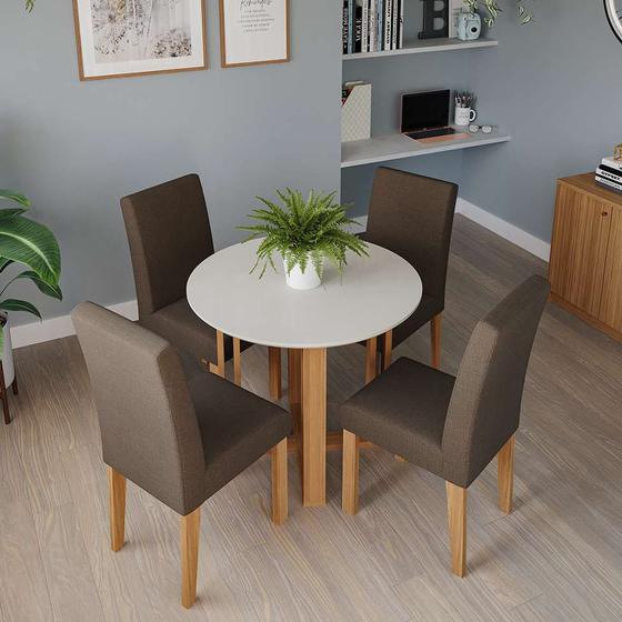Conjunto de Mesa de Jantar Redonda com Tampo de Vidro Flora II Off White e 4 Cadeiras Maia Linho Mascavo Menor preço em Conjunto de Mesa de Jantar Redonda com Tampo de Vidro Flora II Off White e 4 Cadeiras Maia Linho Mascavo
