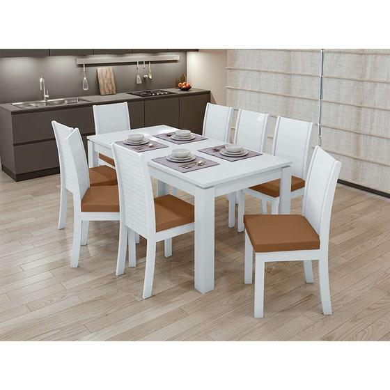 Imagem de Conjunto de Mesa de Jantar Retangular com 6 Cadeiras Athenas Caramelo e Branco