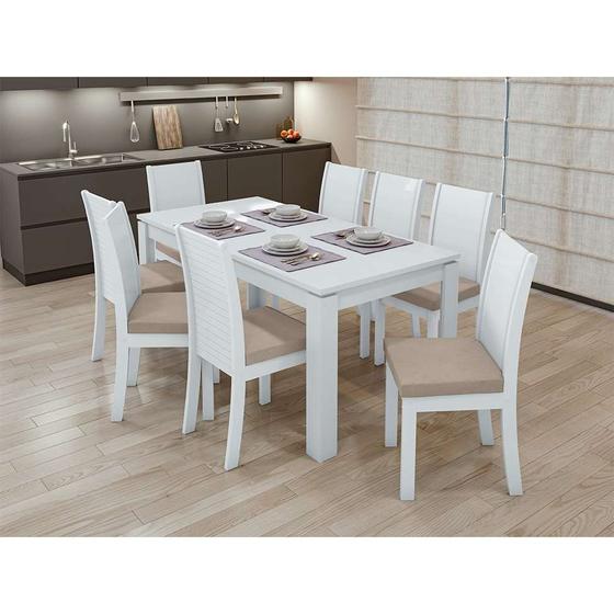 Imagem de Conjunto de Mesa de Jantar Retangular com 6 Cadeiras Athenas Veludo Creme e Branco