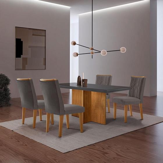 Imagem de Conjunto de Mesa de Jantar Retangular com Tampo de Vidro Berlim e 4 Cadeiras Alegra Veludo Grafite e Imbuia