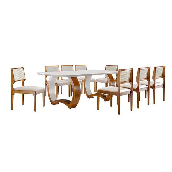 Imagem de Conjunto de Mesa de Jantar Retangular com Tampo de Vidro e 8 Cadeiras Padua Linho Off White e Cinamomo Imbuia