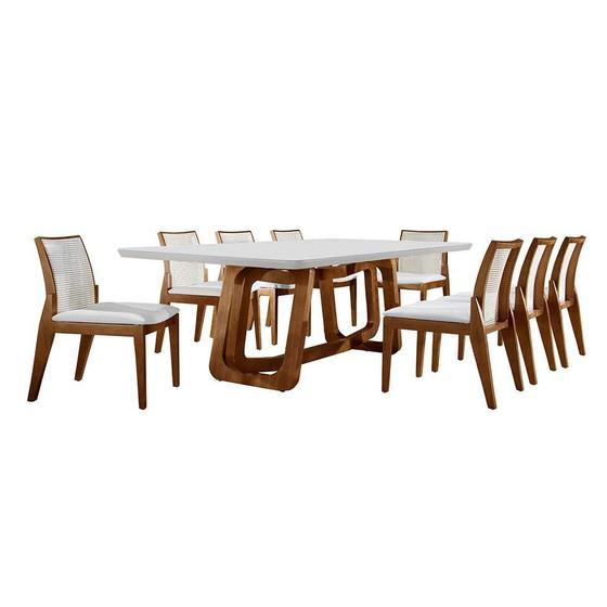Imagem de Conjunto de Mesa de Jantar Retangular com Tampo de Vidro e 8 Cadeiras Siena Bouclé Off White e Cinamomo Imbuia