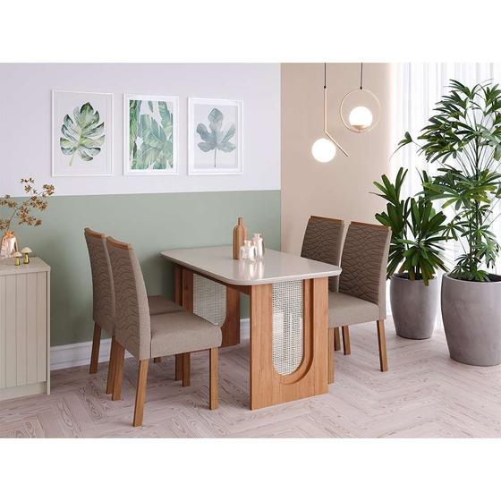 Imagem de Conjunto de Mesa de Jantar Retangular com Tampo de Vidro Off White Letícia e 4 Cadeiras Clarice Linho Bege e Cinamomo