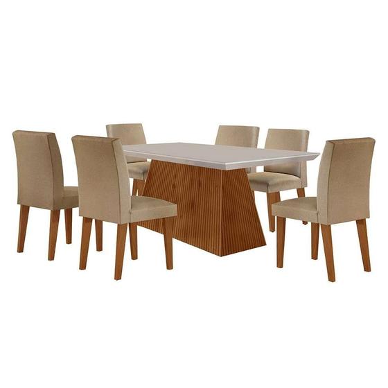 Imagem de Conjunto de Mesa de Jantar Retangular com Tampo de Vidro Off White Luna e 6 Cadeiras Grécia Linho Bege e Imbuia