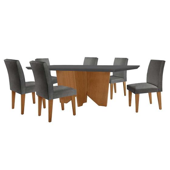 Imagem de Conjunto de Mesa de Jantar Retangular com Tampo de Vidro Varsóvia e 6 Cadeiras Grécia Linho Grafite e Imbuia