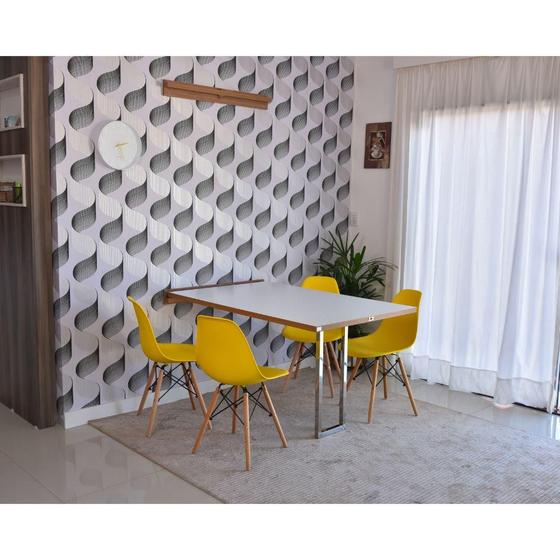 Imagem de Conjunto de Mesa Dobrável Retrátil 1,40 Branco/Noronha Inox + 4 Cadeiras Eiffel - Amarela